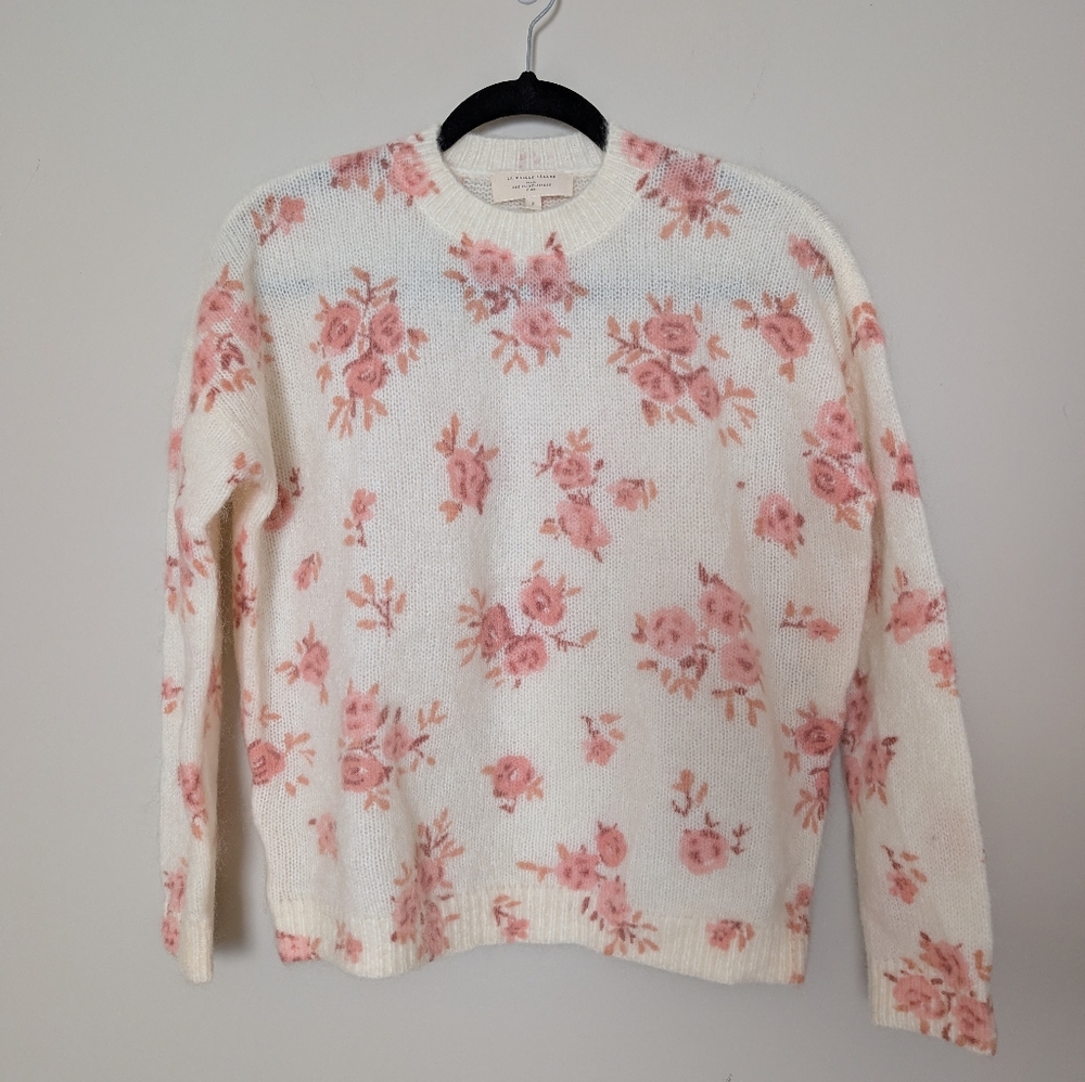 Sezane Eloisa Pastel Pink Cream Floral Mohair Sweater